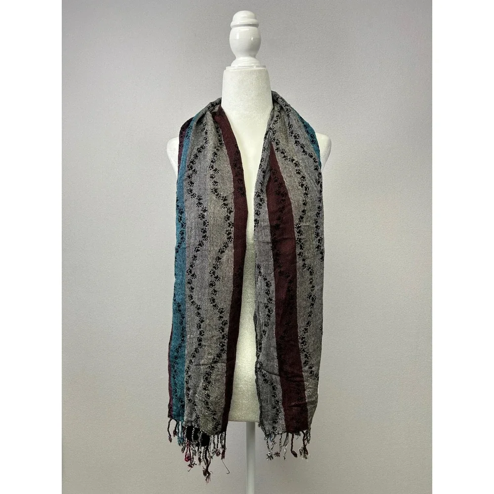 Boho Southwestern Reversible Women Multicolor Striped Embroidered Fringe Scarf‎